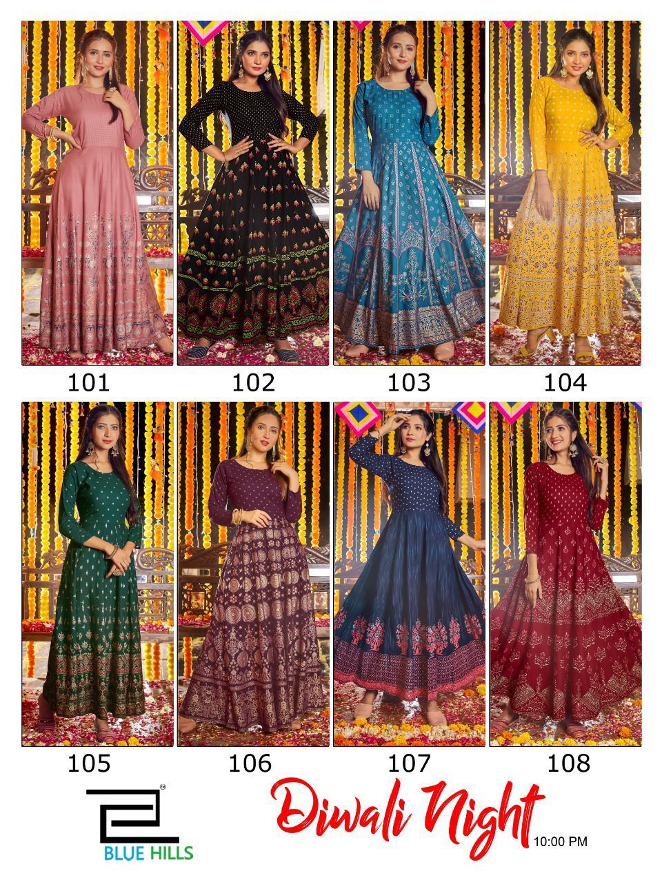 Blue Hills Diwali Night Festive Wear Rayon Printed  Anarkali Long Kurti Collection
